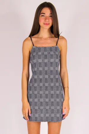 Adjustable Strap Dress - Stretchy Grey Plaid