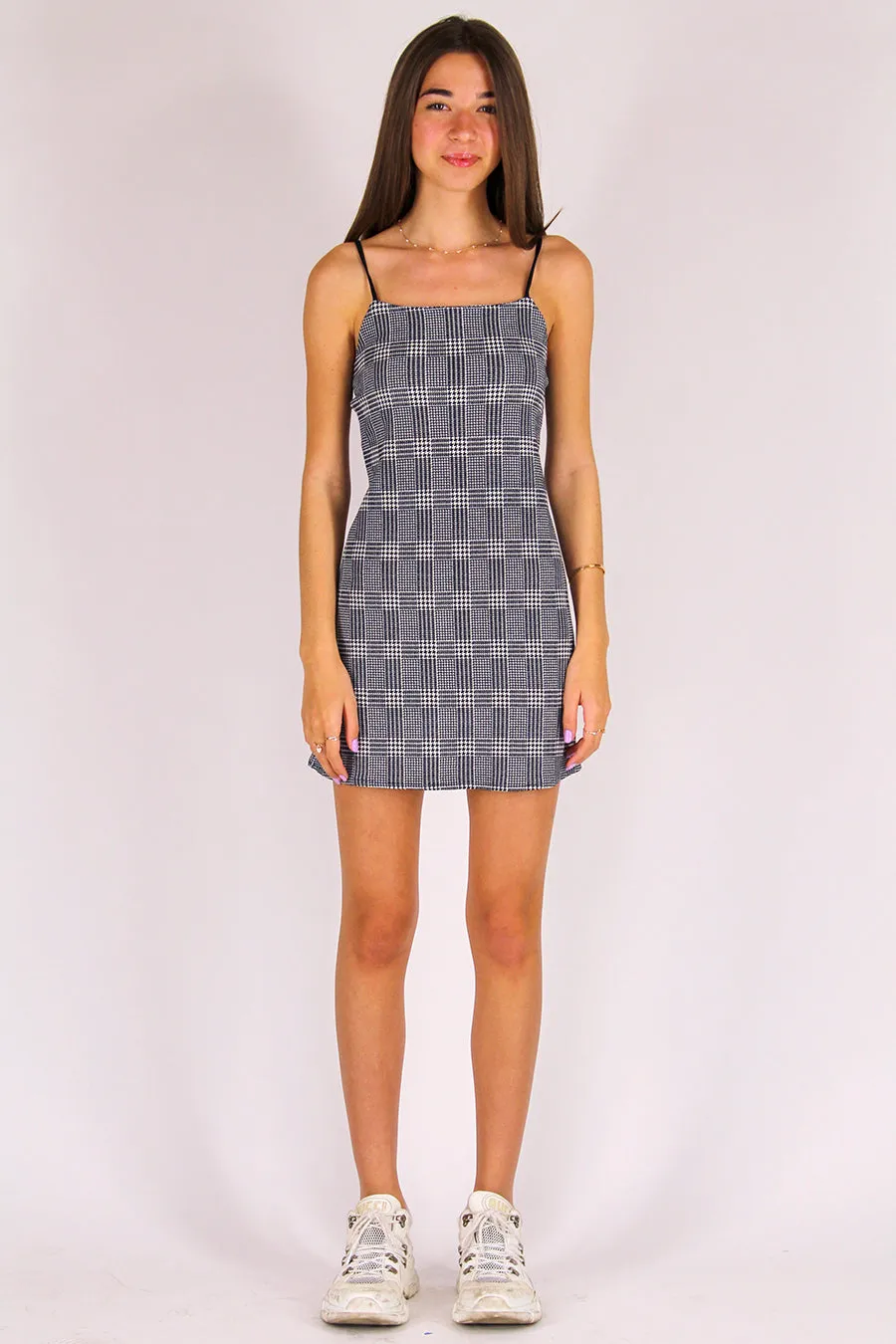 Adjustable Strap Dress - Stretchy Grey Plaid