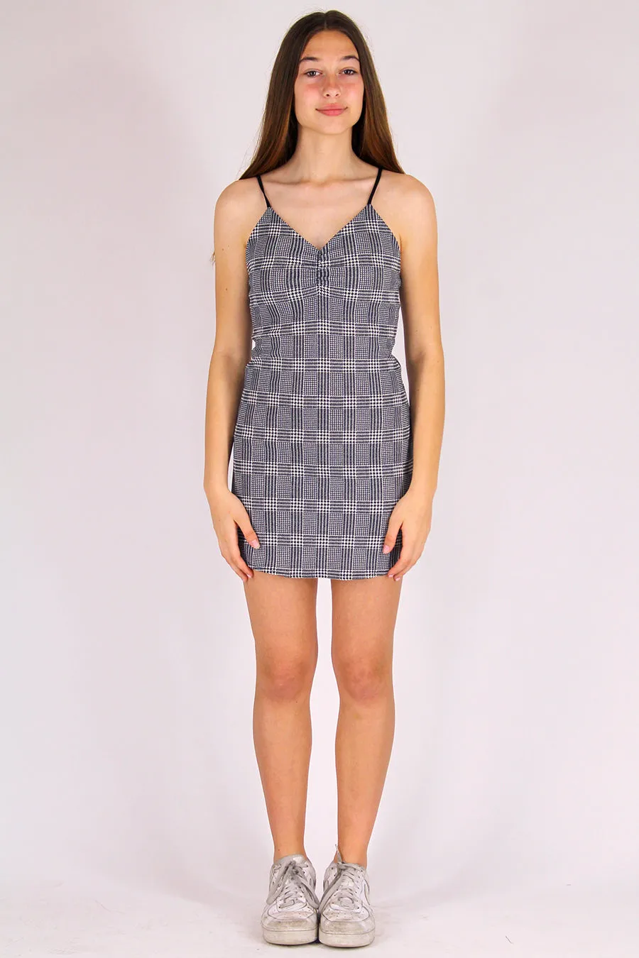 Adjustable V-Neck Dress - Stretchy Grey Plaid