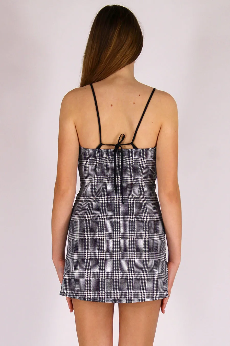 Adjustable V-Neck Dress - Stretchy Grey Plaid