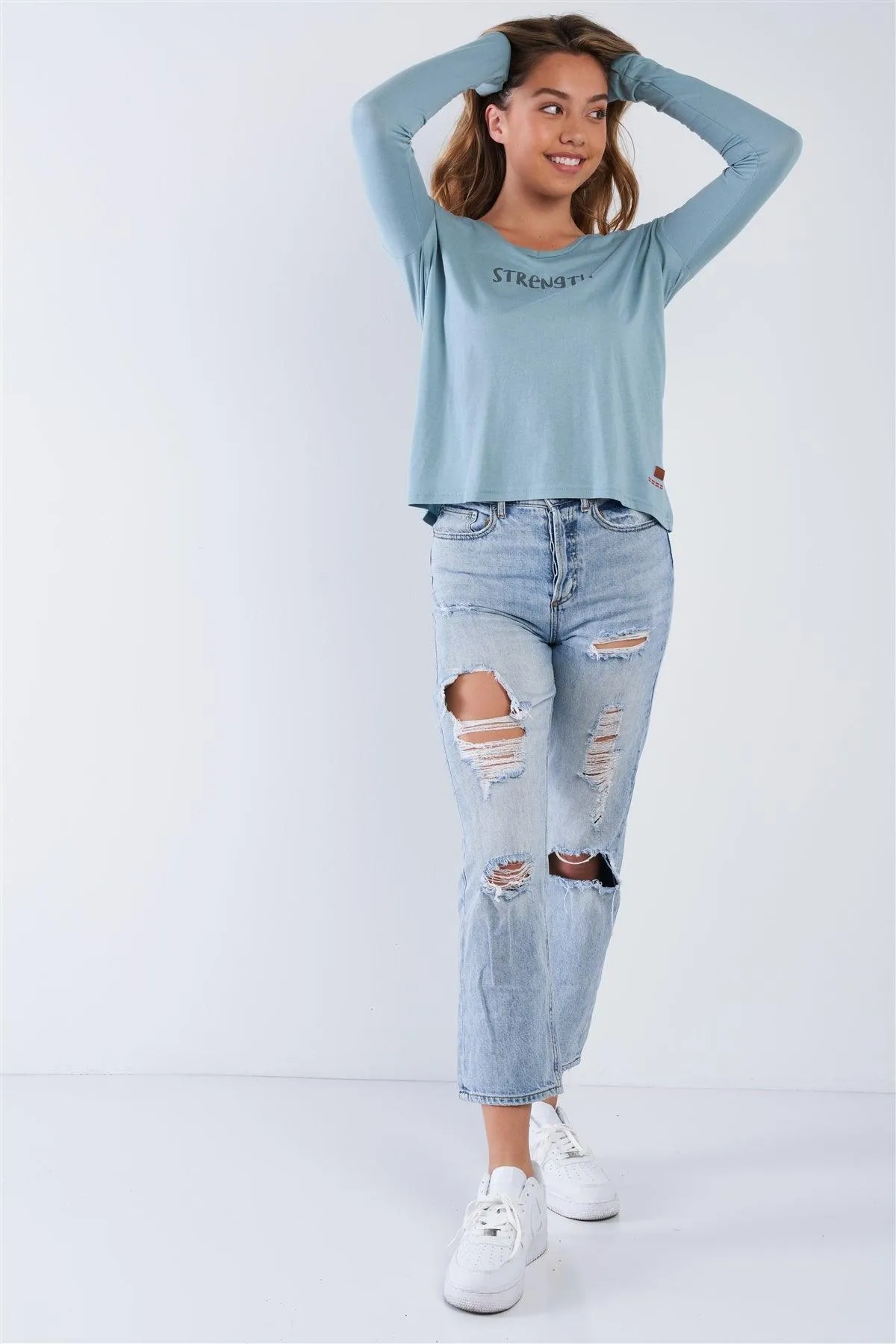 Arona Blue Long Sleeve V-Neck "Strength" Top