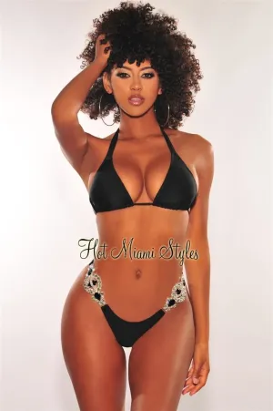 Black Tie Up Padded Jeweled Scrunch Butt Bikini Top
