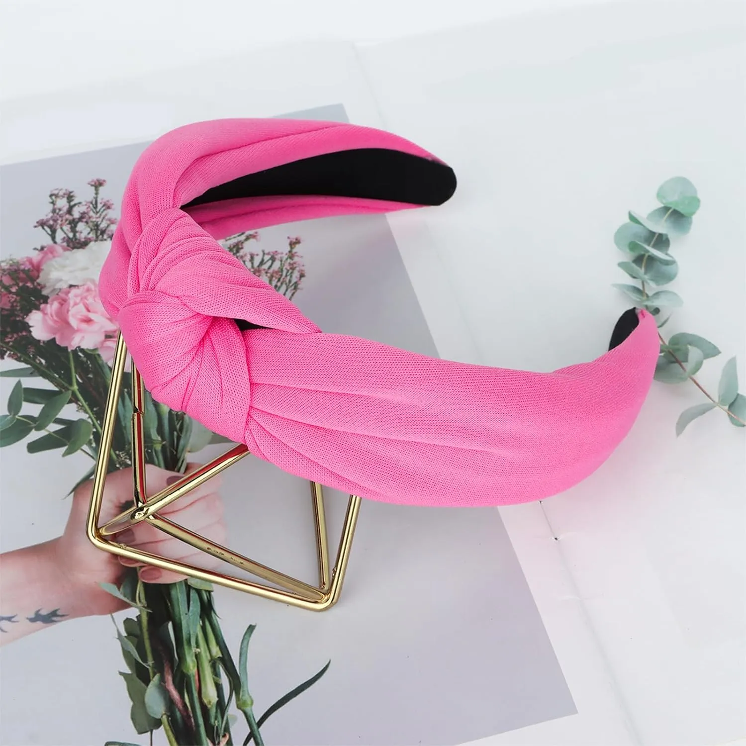 CURASA Headbands for Women Girls Non Slip Knotted Headband Wide Preppy Fashion Hairband Hot Pink Top Knot Decorative Hair Accessories Rose Red Fabric Hair Bands Yoga Elastic Head Bands For Thick Thin