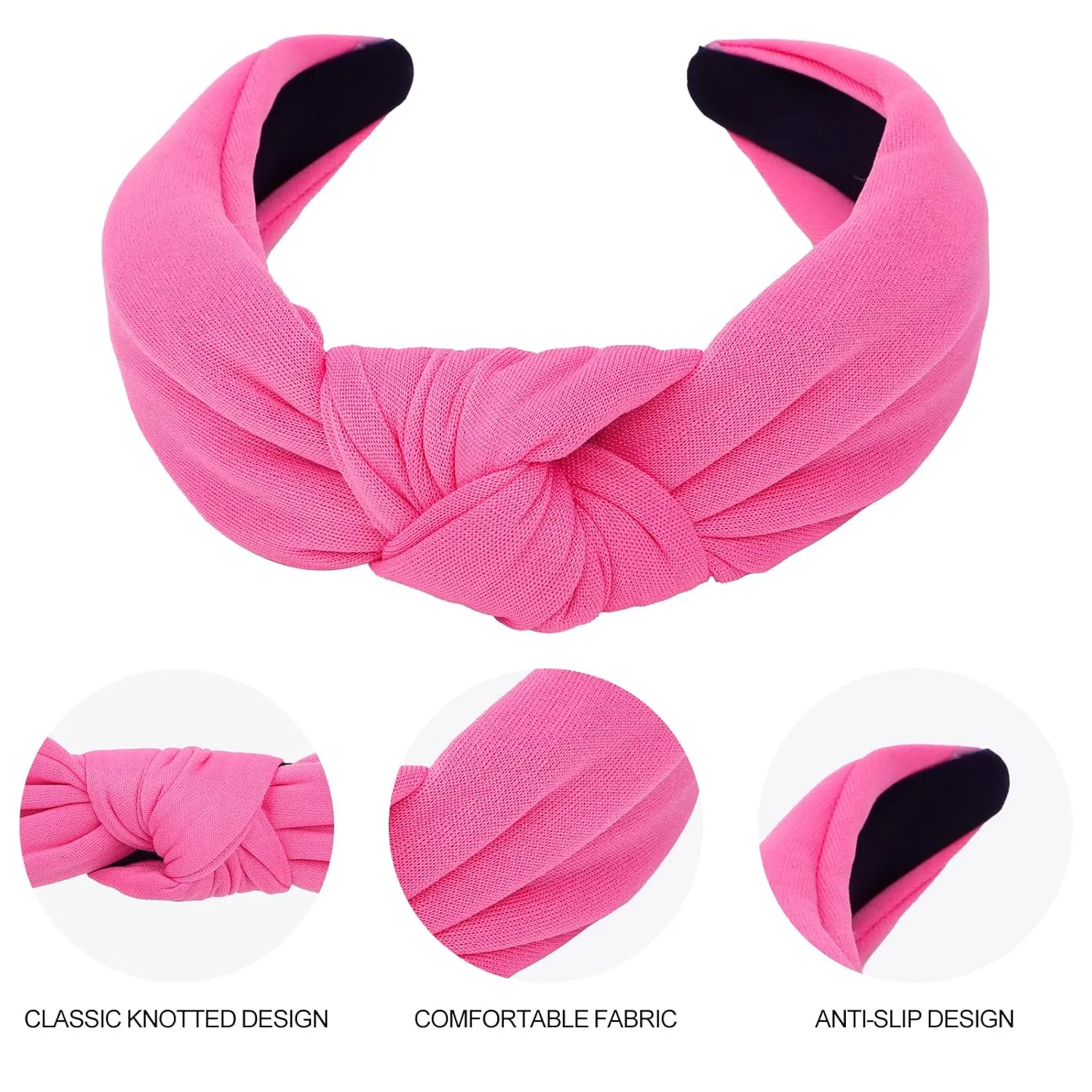 CURASA Headbands for Women Girls Non Slip Knotted Headband Wide Preppy Fashion Hairband Hot Pink Top Knot Decorative Hair Accessories Rose Red Fabric Hair Bands Yoga Elastic Head Bands For Thick Thin