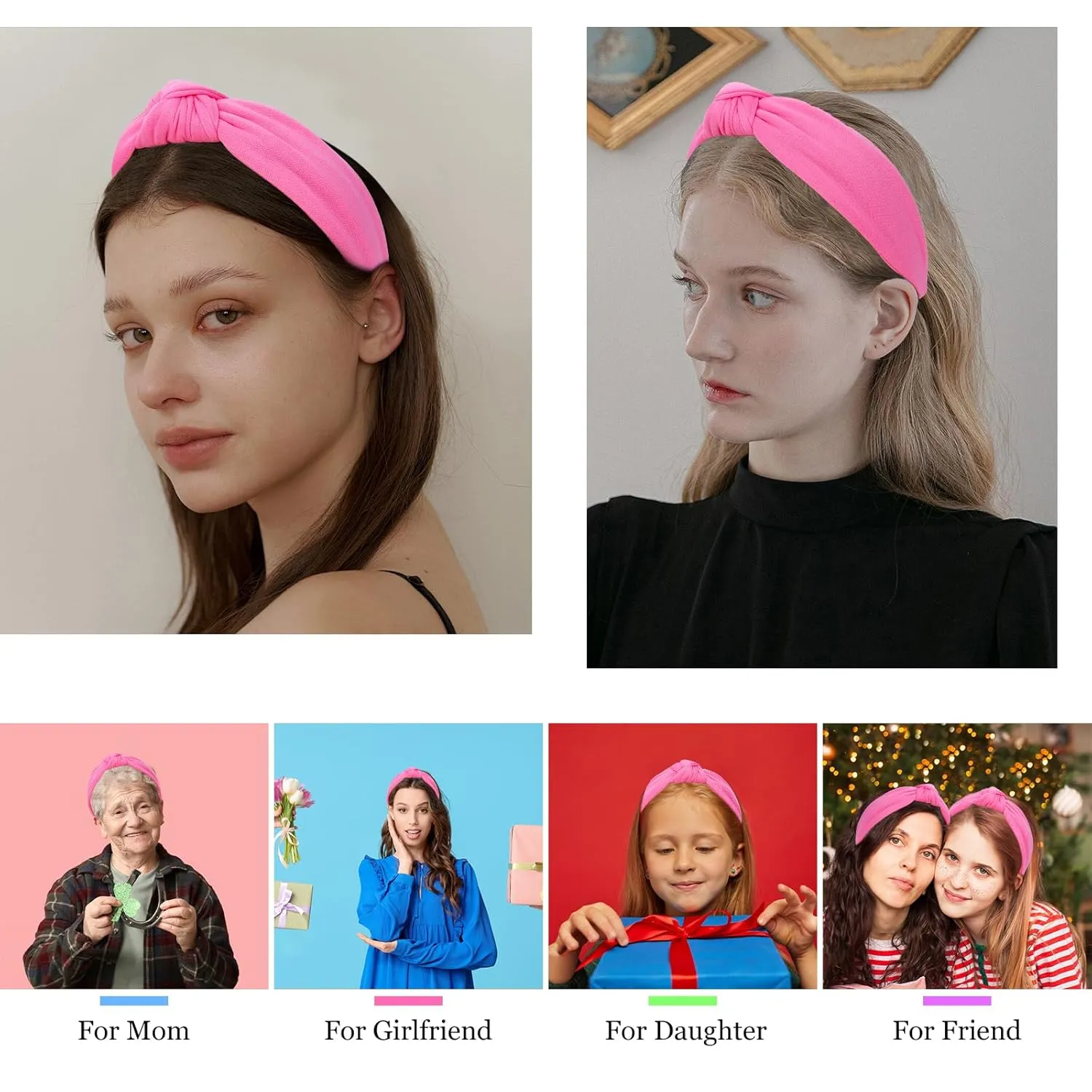 CURASA Headbands for Women Girls Non Slip Knotted Headband Wide Preppy Fashion Hairband Hot Pink Top Knot Decorative Hair Accessories Rose Red Fabric Hair Bands Yoga Elastic Head Bands For Thick Thin