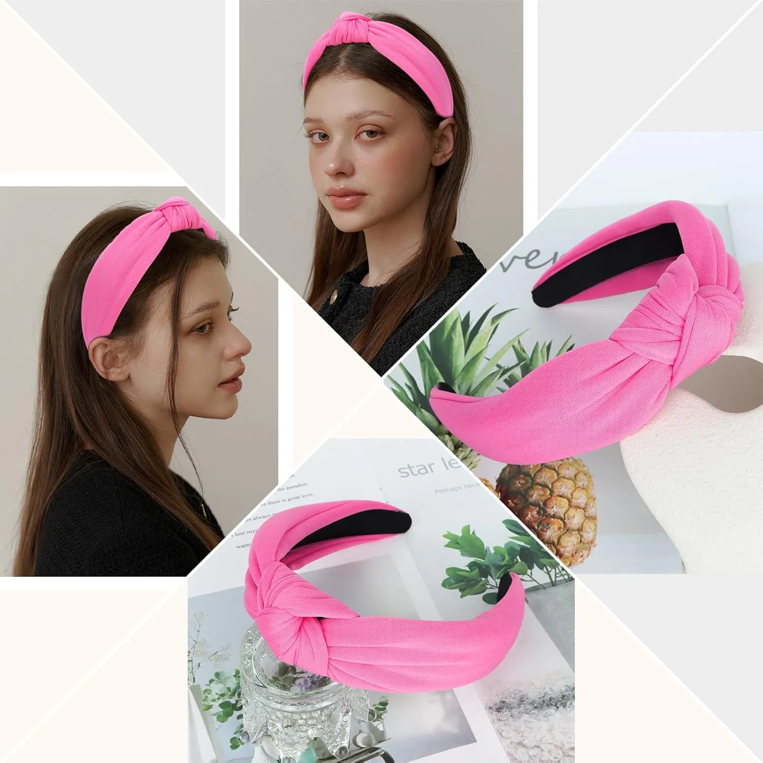 CURASA Headbands for Women Girls Non Slip Knotted Headband Wide Preppy Fashion Hairband Hot Pink Top Knot Decorative Hair Accessories Rose Red Fabric Hair Bands Yoga Elastic Head Bands For Thick Thin