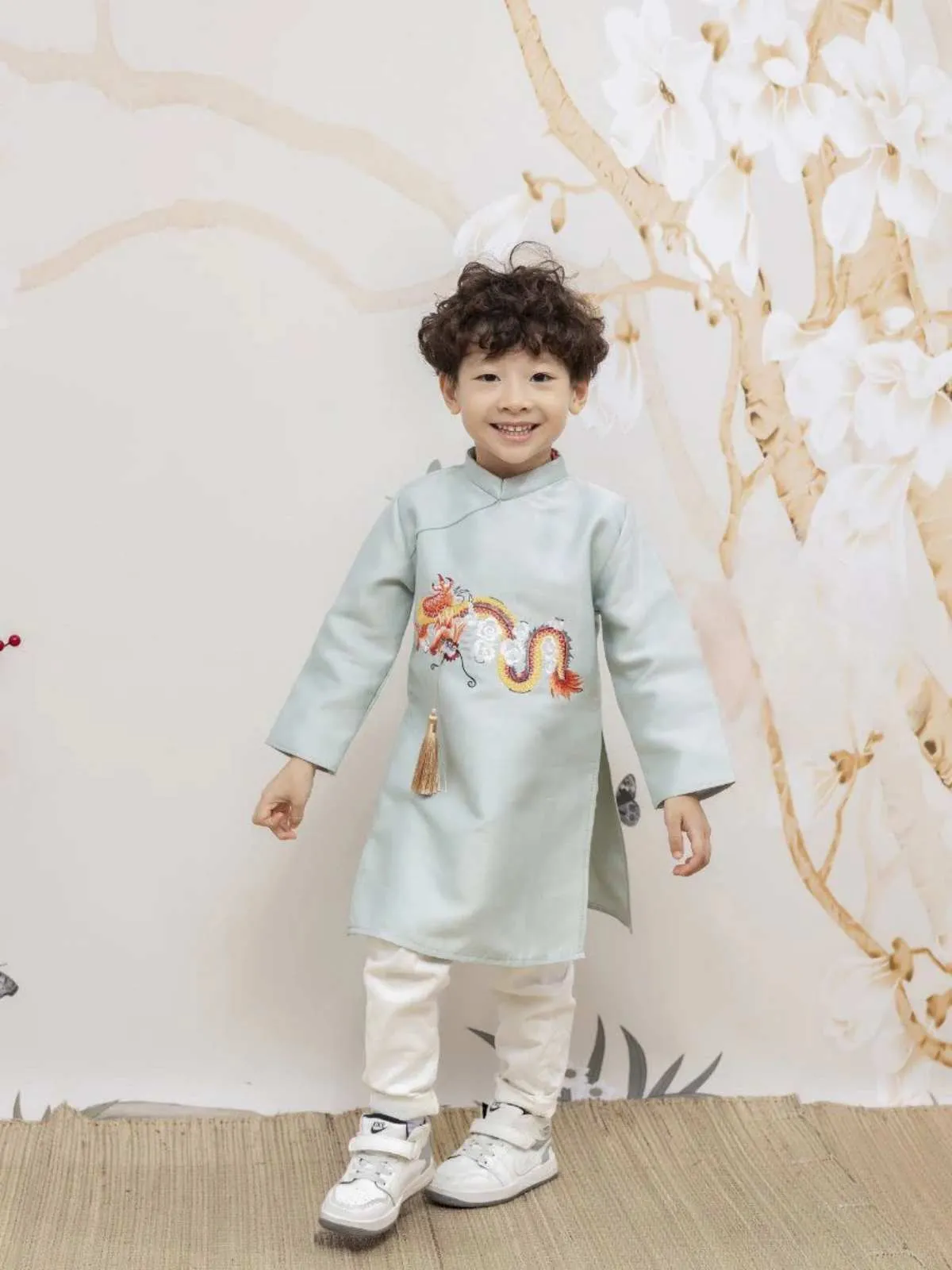 Kids Ao Dai Boy Light Blue Dragon Ao Dai Top Only