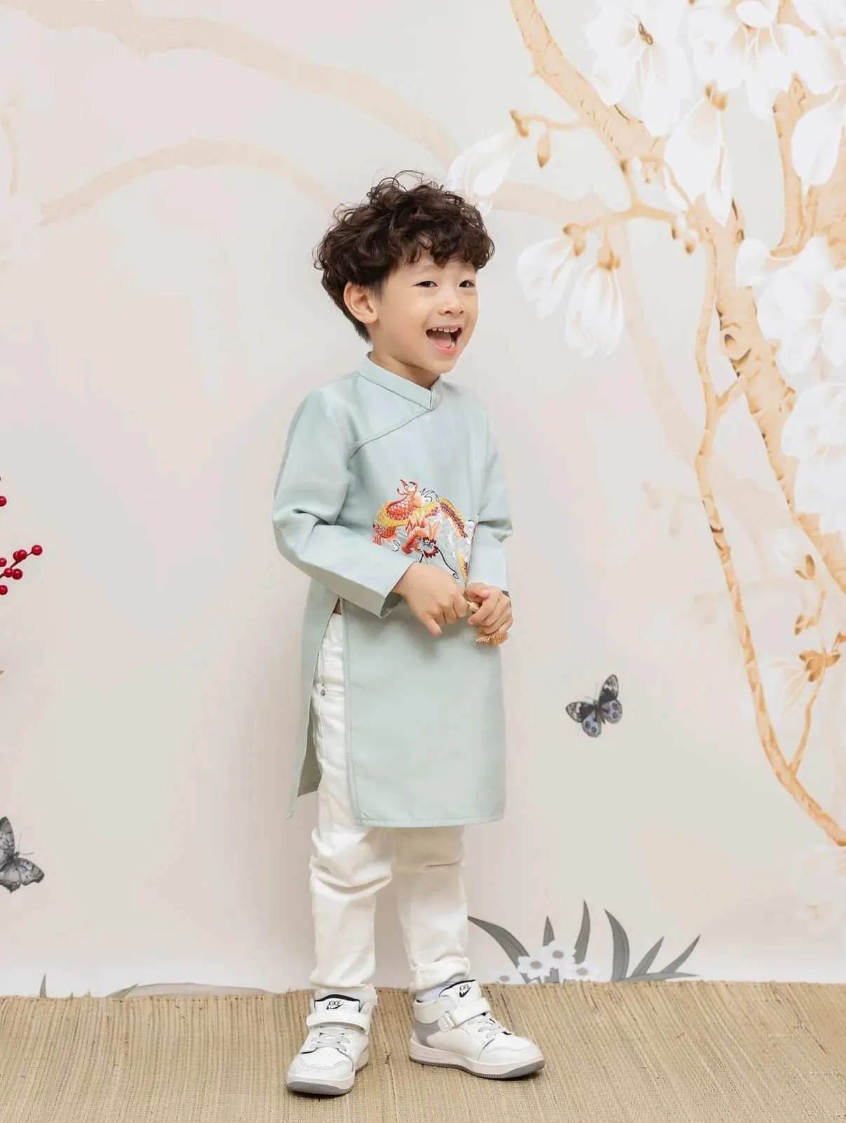 Kids Ao Dai Boy Light Blue Dragon Ao Dai Top Only