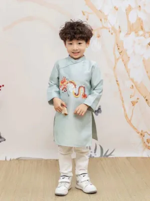 Kids Ao Dai Boy Light Blue Dragon Ao Dai Top Only