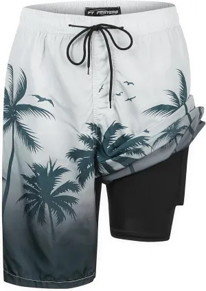 Mens Swim Trunks with Compression Liner 9" Built-in Board Shorts 2 in 1 Quick Dry Bathing Suits with Zipper Pockets