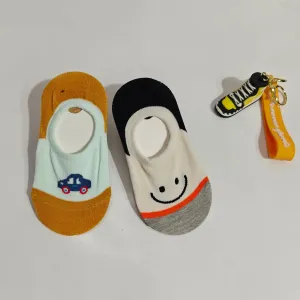 Pack of 2 Smiley & Car Print Anti Skid Loafer Socks - Yellow & White