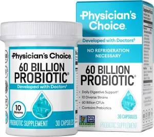 Physician's Choice Probiotics 60 Billion CFU - 10 Strains   Organic Prebiotics - Immune, Digestive & Gut Health - Supports Occasional Constipation, Diarrhea, Gas & Bloating - for Women & Men - 30ct