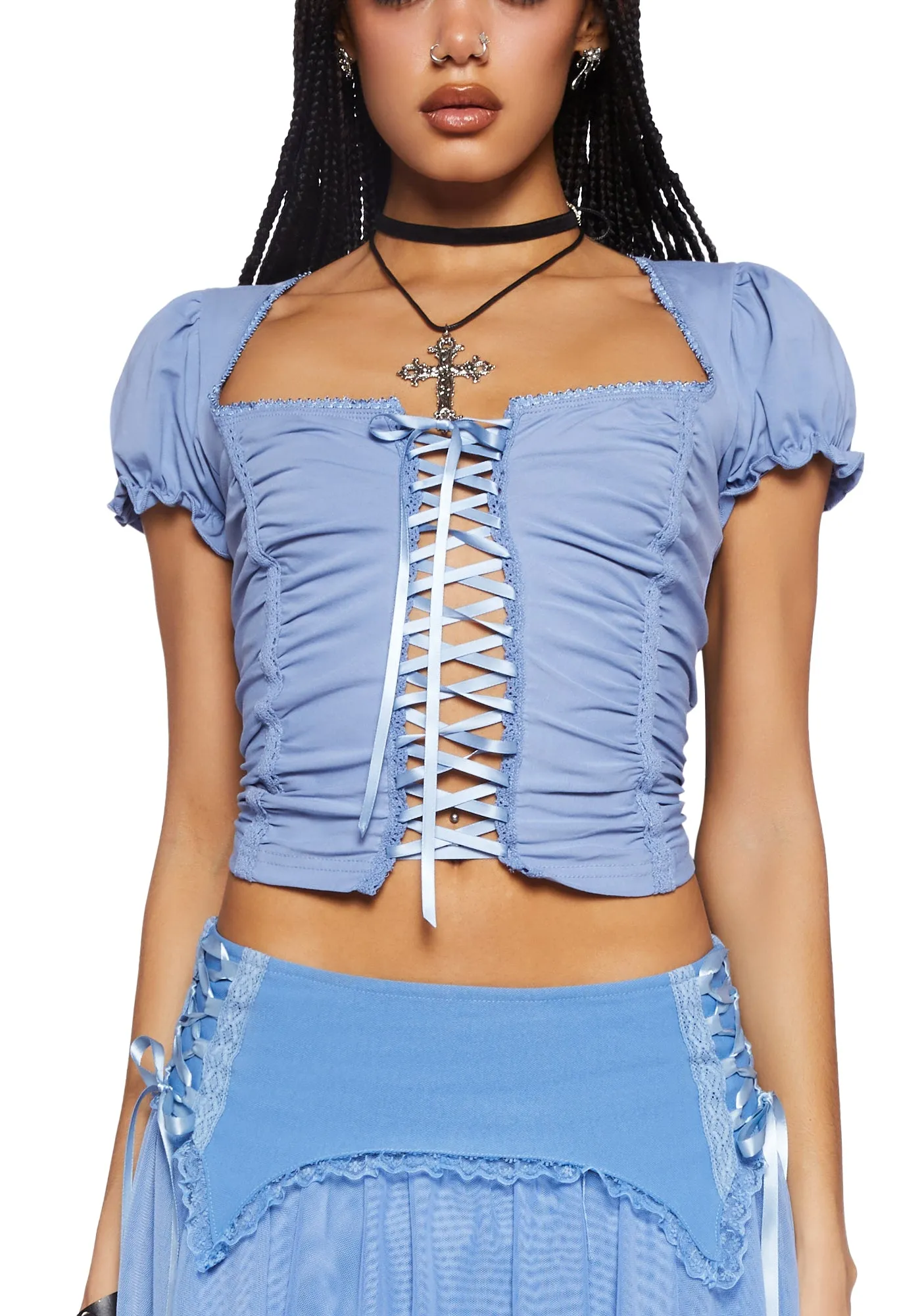Soft Girl Era Lace Up Top- Blue